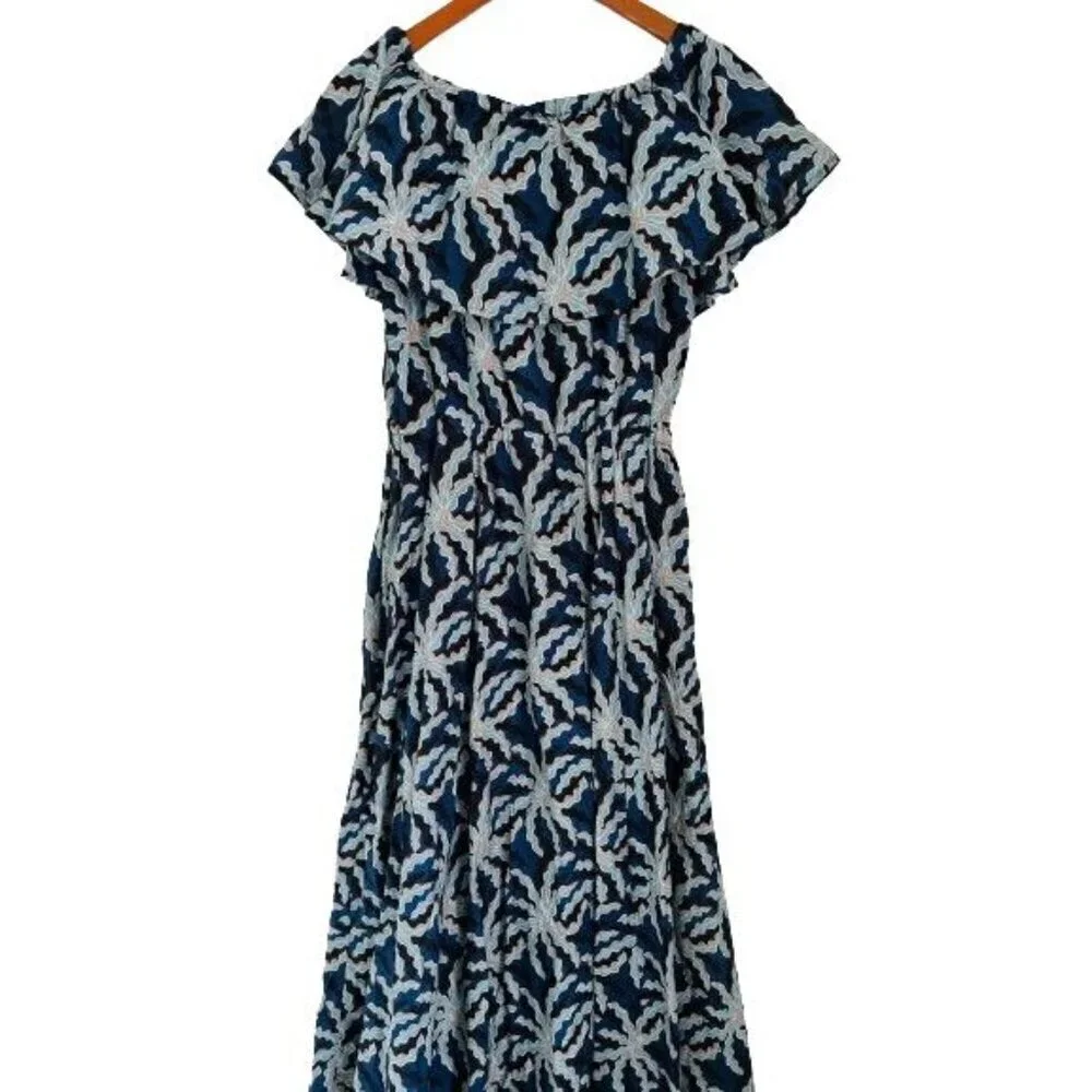 Brooks Brothers Dress Of The Shoulder Maxi Cotton Silk All Over Palm Tree Print